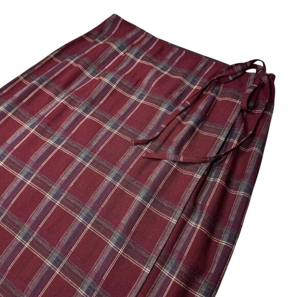 VTG Bonnie & Norma Plaid Wrap Midi Skirt Sz.M Burgundy Tartan Academia 90s Y2K - Picture 9 of 15